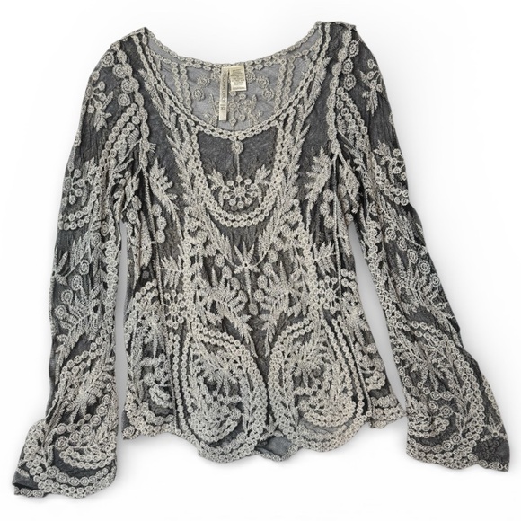 Forgotten Grace Tops - Embroidered Mesh Long Sleeve Top XL Black White Whimsigoth Fairy Boho Floral